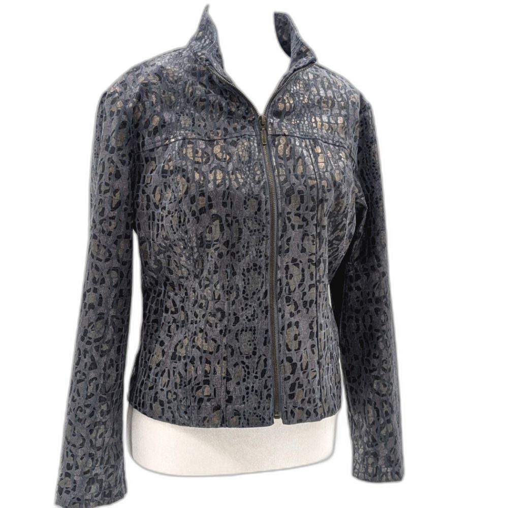 Metallic Cheetah Print Vintage Mob Wife Glam Zip Up Gray Jacket Size Med Petite
